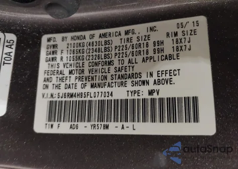 2015 Honda Cr-V Touring из США, поврежденный, VIN 5J6RM4H95FL077034